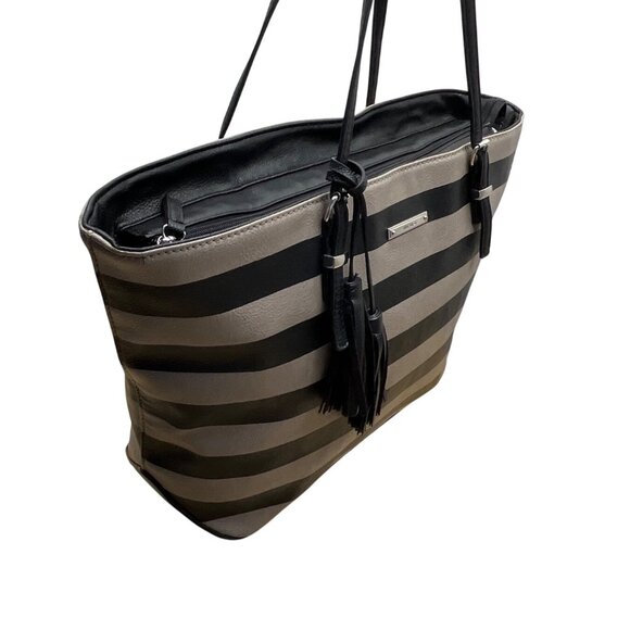 Nine West Taupe & Black Striped Faux Leather Black Tassel Detail Tote Bag Sz L - Picture 6 of 14